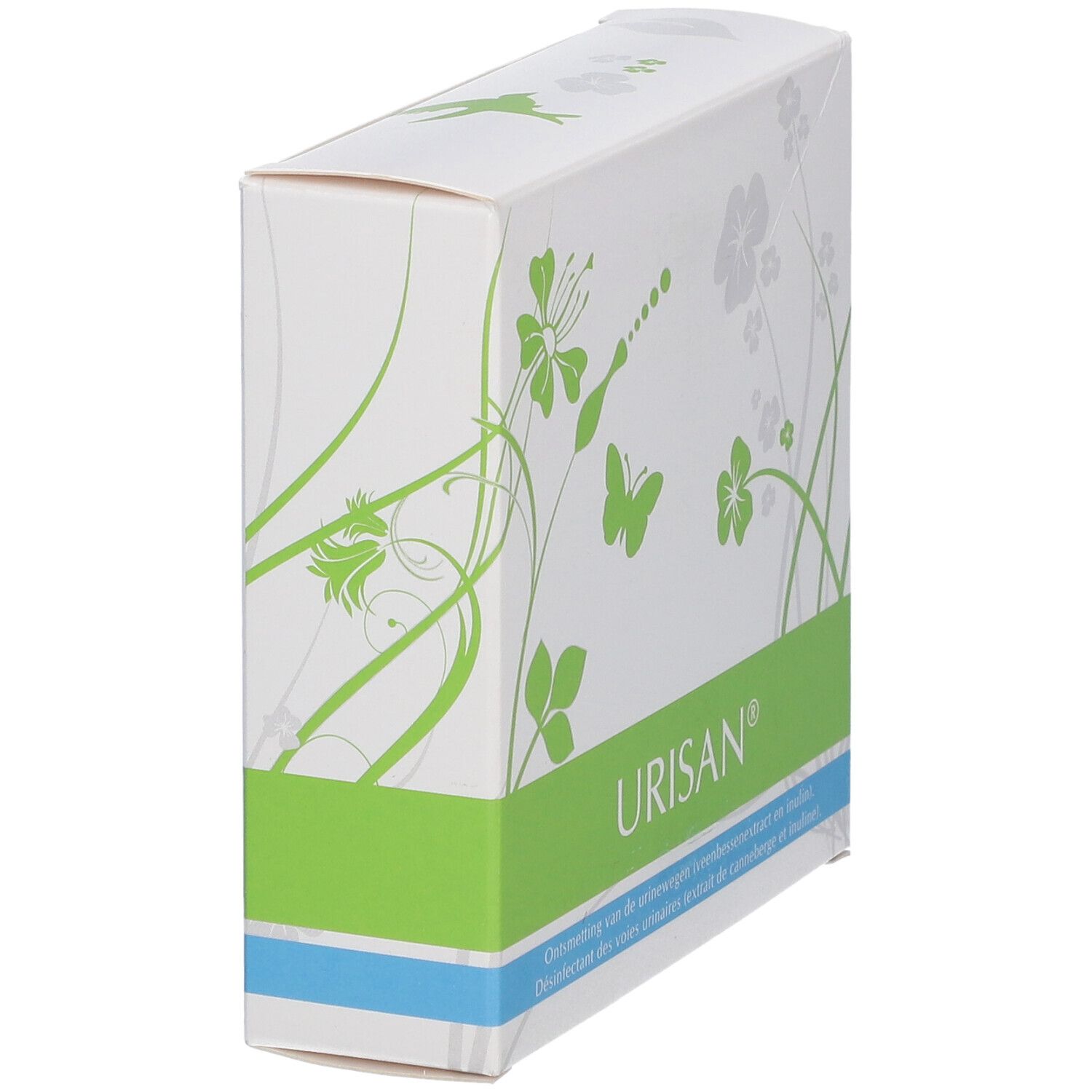 Boîte blanche, vue en biais de côté. Bande verte et illustrations florales. Inscription URISAN® visible.