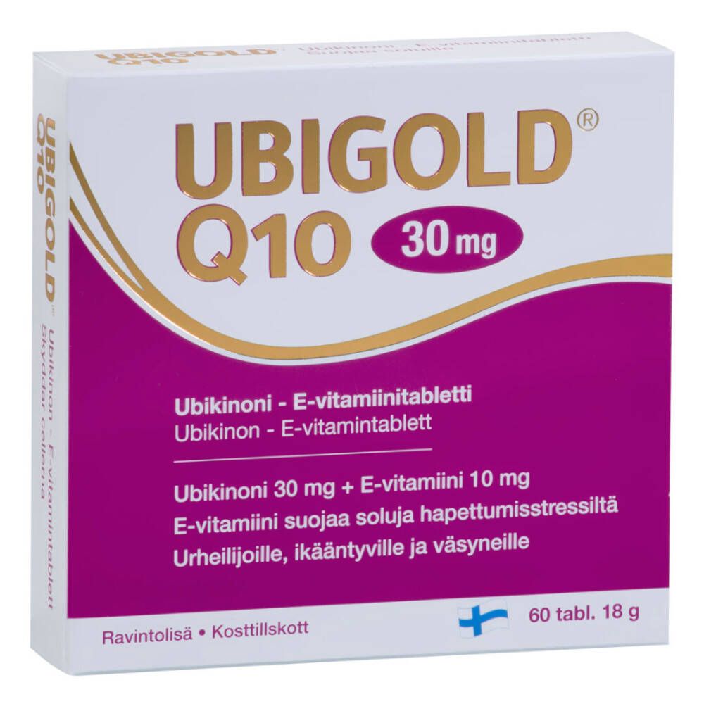 Verpakking van Ubigold Q10® met opschrift 30 mg. Bevat 60 tabletten. Opschrift: Ubikinoni, E-vitamiinitabletti.