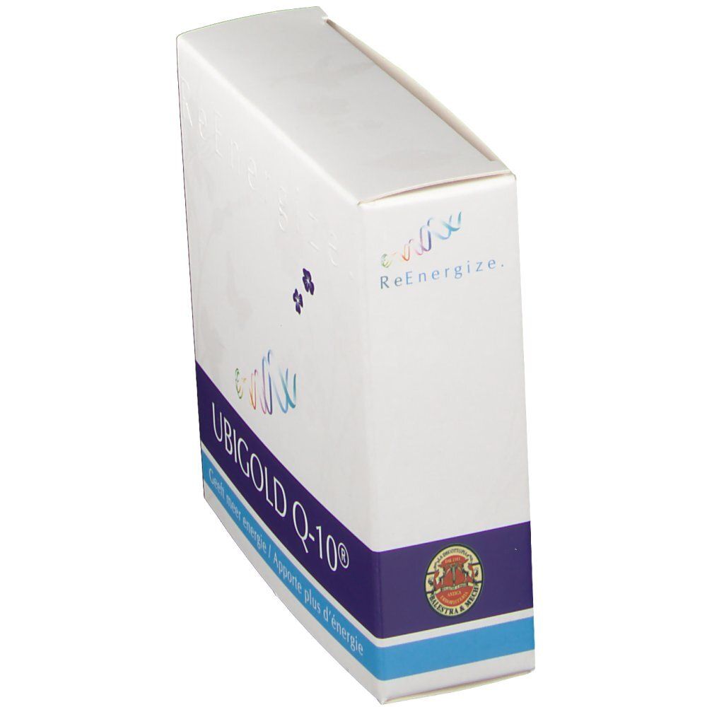 Doos Ubigold Q-10® met blauwe streep en logo. Opschrift: ReEnergize. Bevat voedingssupplement.