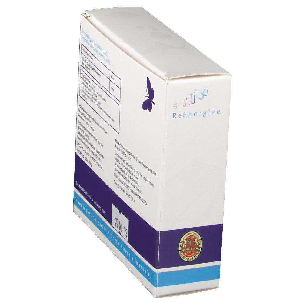 Zijaanzicht van de Ubigold Q-10® verpakking. Bevat informatie over samenstelling en dosering. Met logo.