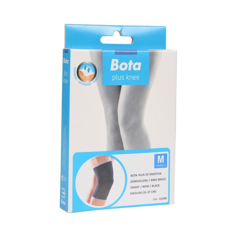 Emballage de Bota plus knee. Genouillère noire. Taille M. Inscription: Bota plus knee, Bota plus knee, Medium (31-37 cm).
