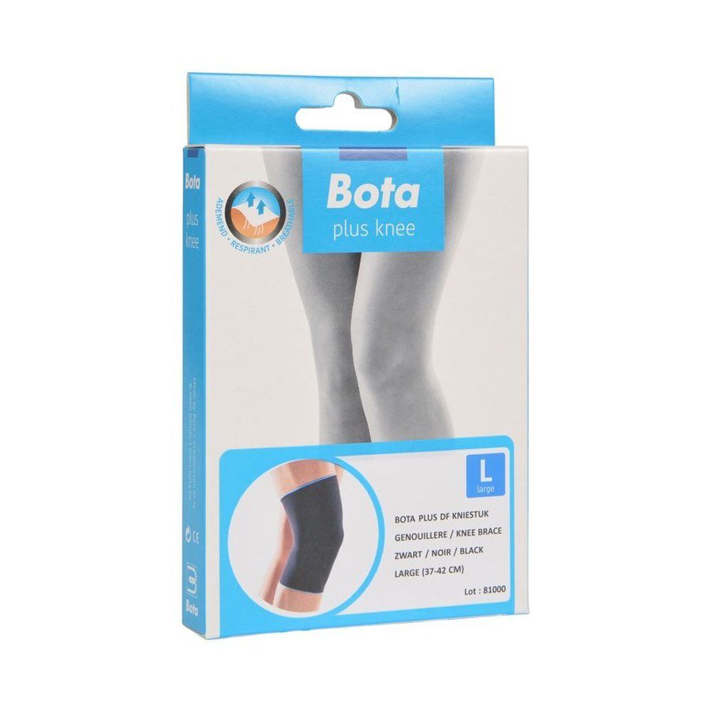 Boîte Bota plus knee, genouillère noire, taille L. Inscription: respirant, imperméable.