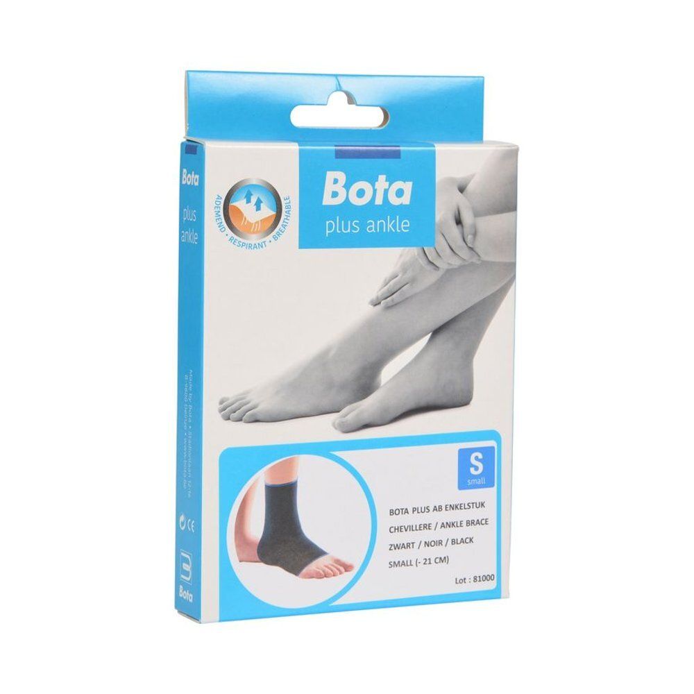 Verpakking Bota Plus Ankle, maat S. Afbeelding van een voet met enkelbrace. Tekst: Bota plus ankle, Bota Plus AB Enkelstuk, zwart/zwart.
