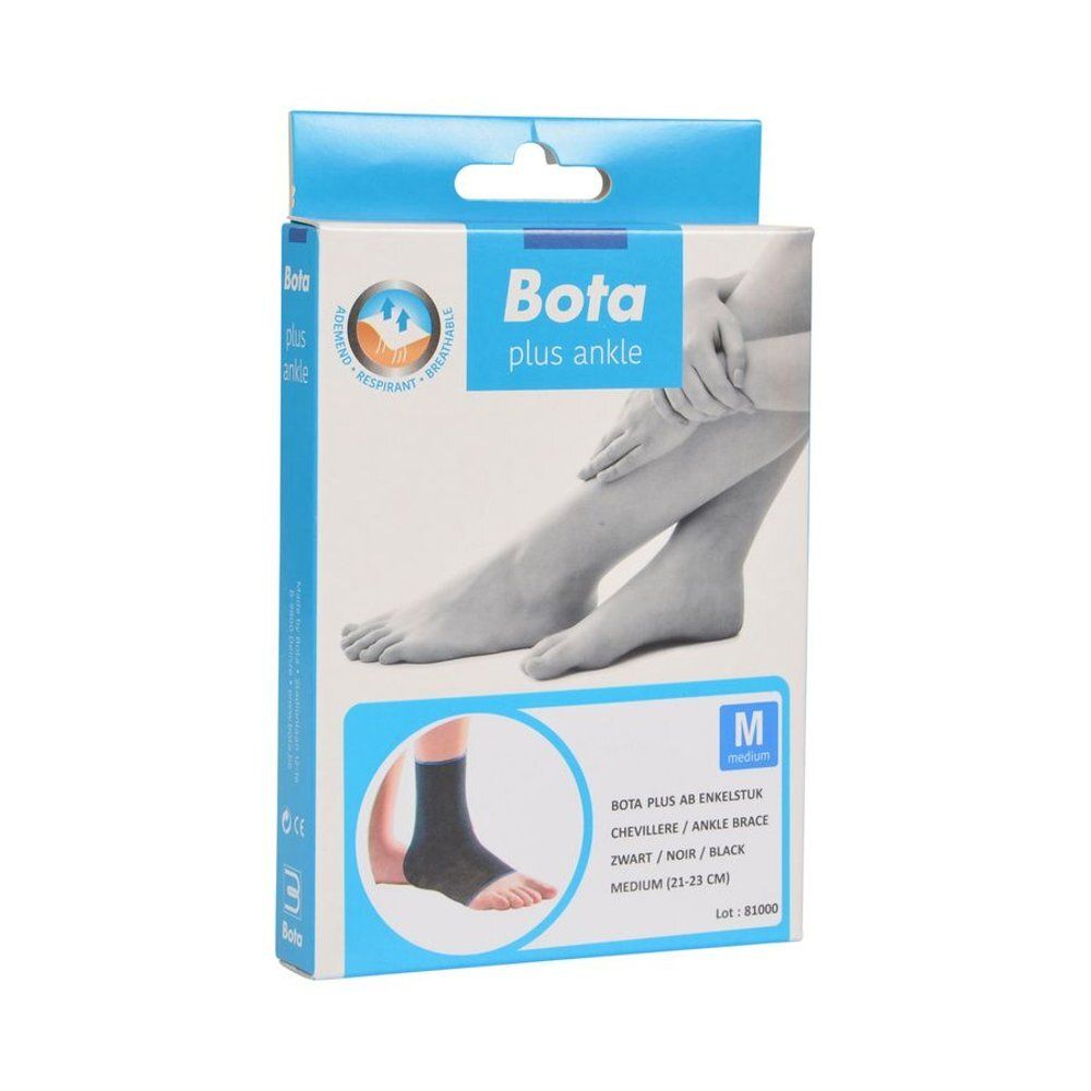 Verpakking van de Bota Plus AB enkelbrace. Afbeelding van een voet en de brace. Maat M.