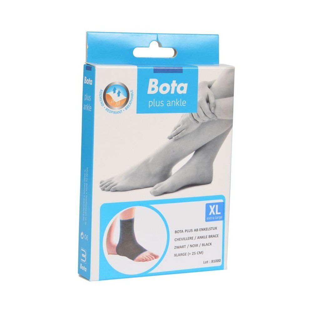 Enkelbrace, zwart met blauwe details. De voet staat op een witte achtergrond.