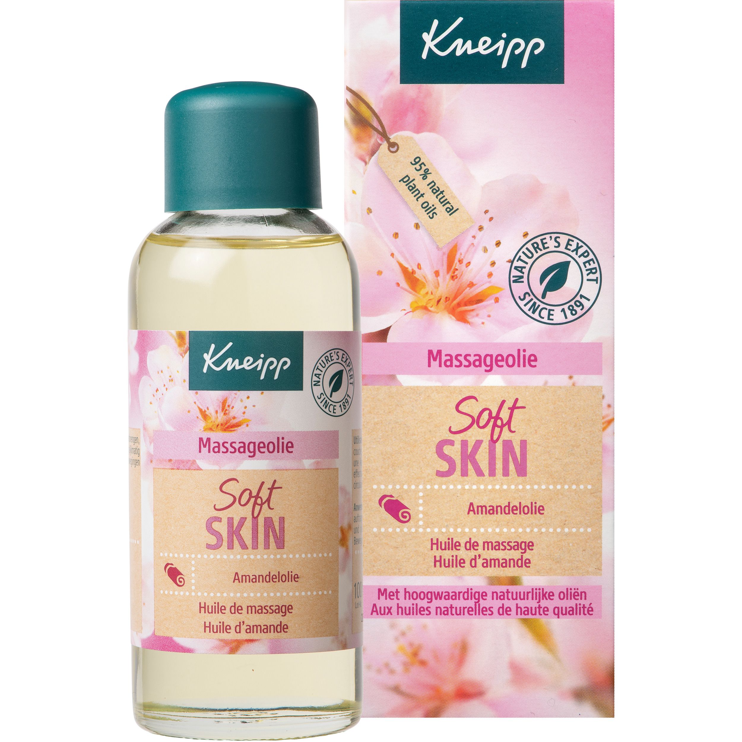Kneipp Massageolie Soft Skin fles en verpakking. Productnaam en bloemen. 95% natuurlijke oliën. Groene dop.