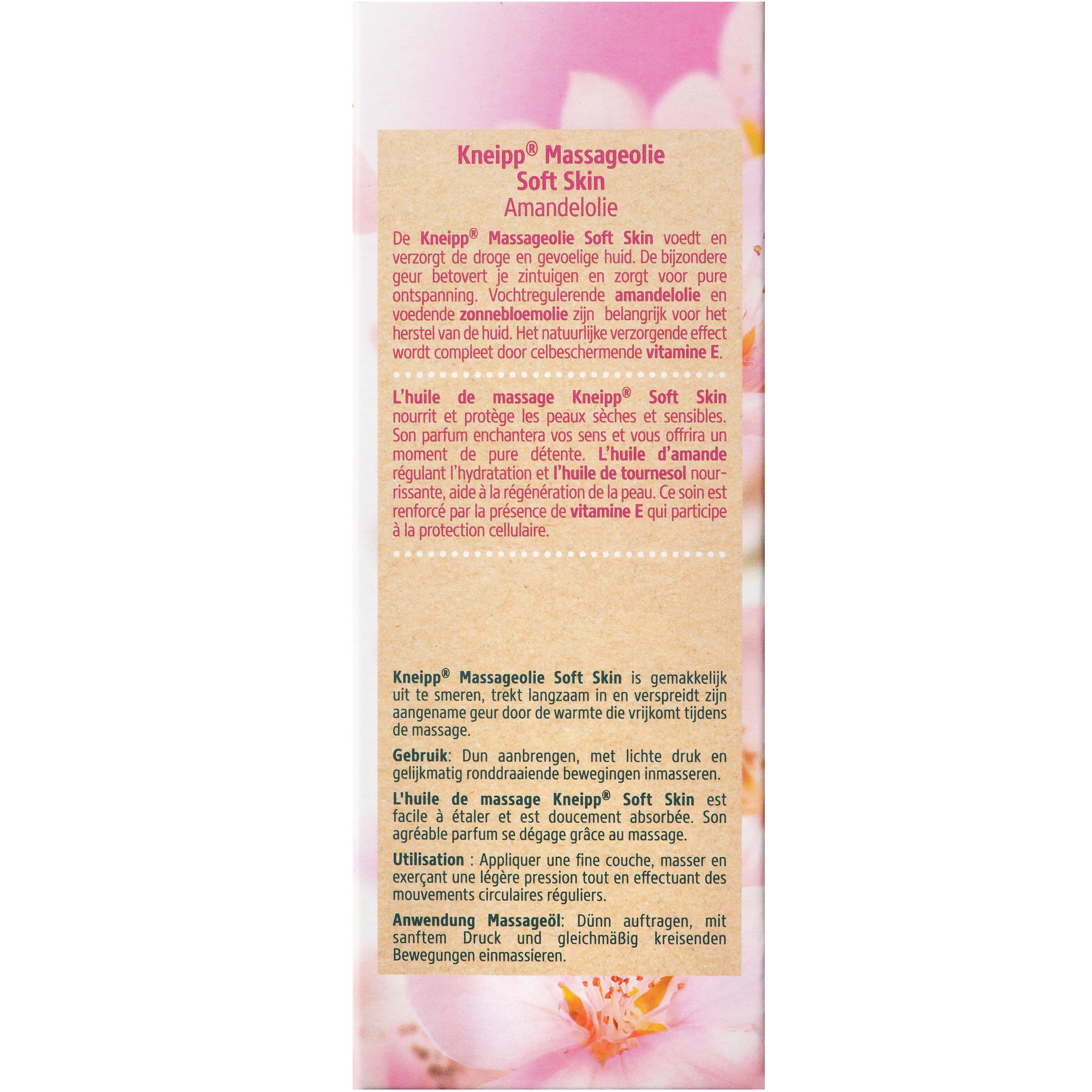 Kneipp Massageolie Soft Skin verpakking. Productnaam en bloemen. 95% natuurlijke oliën. Groen-witte verpakking.