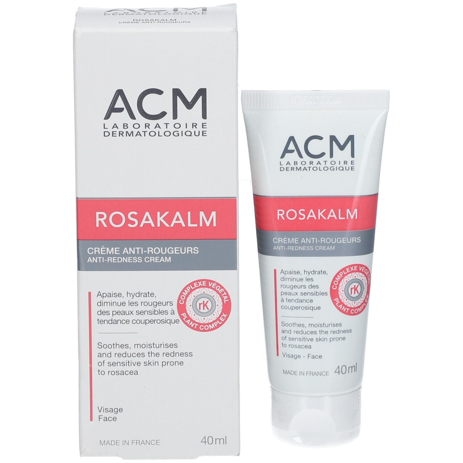 Emballage du produit: boîte et tube. Inscription: ROSAKALM, crème anti-rougeurs. 40ml. Marque ACM.