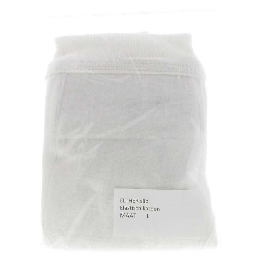 Slip blanc emballé. Étiquette avec informations : Elther slip, elastisch katoen, MAAT L. Taille L.