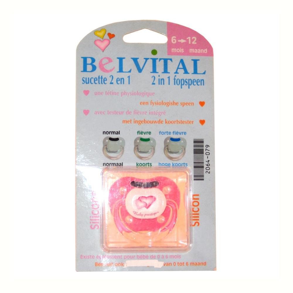 Sucette rose en blister. Inscription BELVITAL, 6-12 mois. Avec thermomètre intégré.