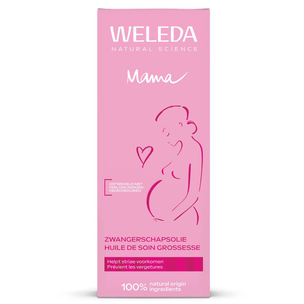 Weleda Zwangerschapsolie: fles met pomp. 100ml. Met zegel voor 100% natuurlijke ingrediënten.
