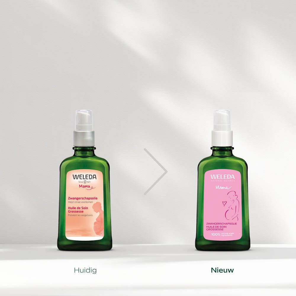 Weleda Zwangerschapsolie: fles met pomp. "Huidig" en "Nieuw" labels.