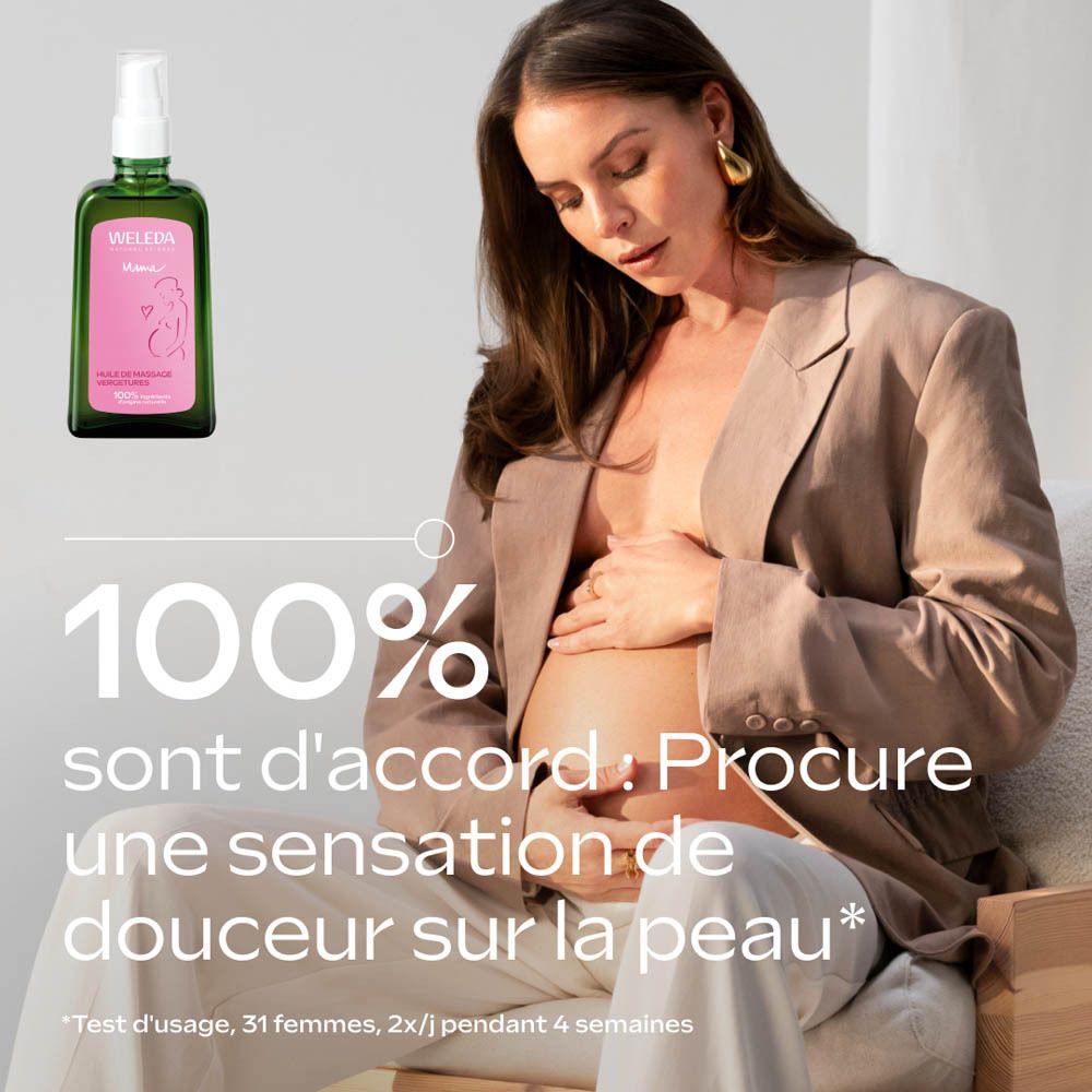 Huile de soin grossesse Weleda: flacon avec pompe. 100ml. Étiquettes "Actuel" et "Nouveau".