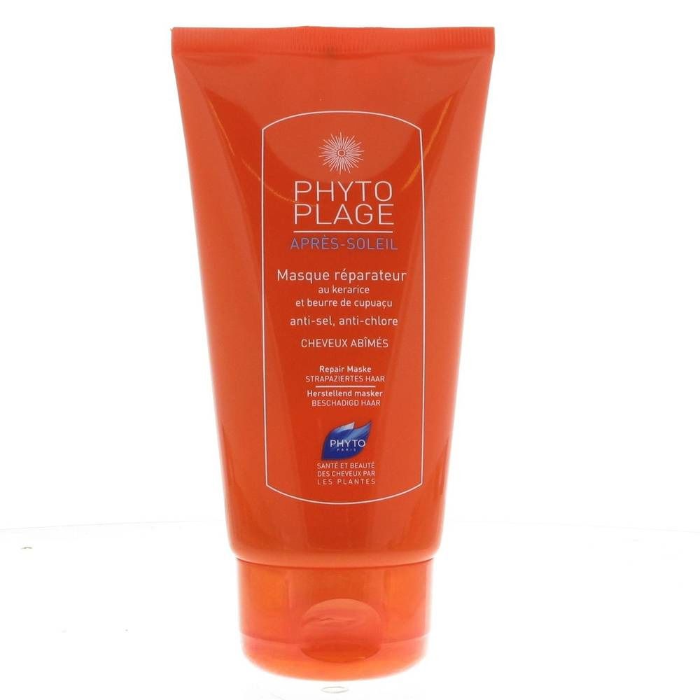 Oranje tube met tekst. Opschrift: PHYTO PLAGE, APRES-SOLEIL, Masque réparateur, CHEVEUX ABIMES. Logo en productnaam zichtbaar.
