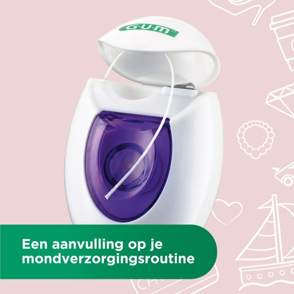 GUM® Expanding Floss. Witte dispenser met paarse inzet. Op een wastafel. Tekst in het Nederlands.