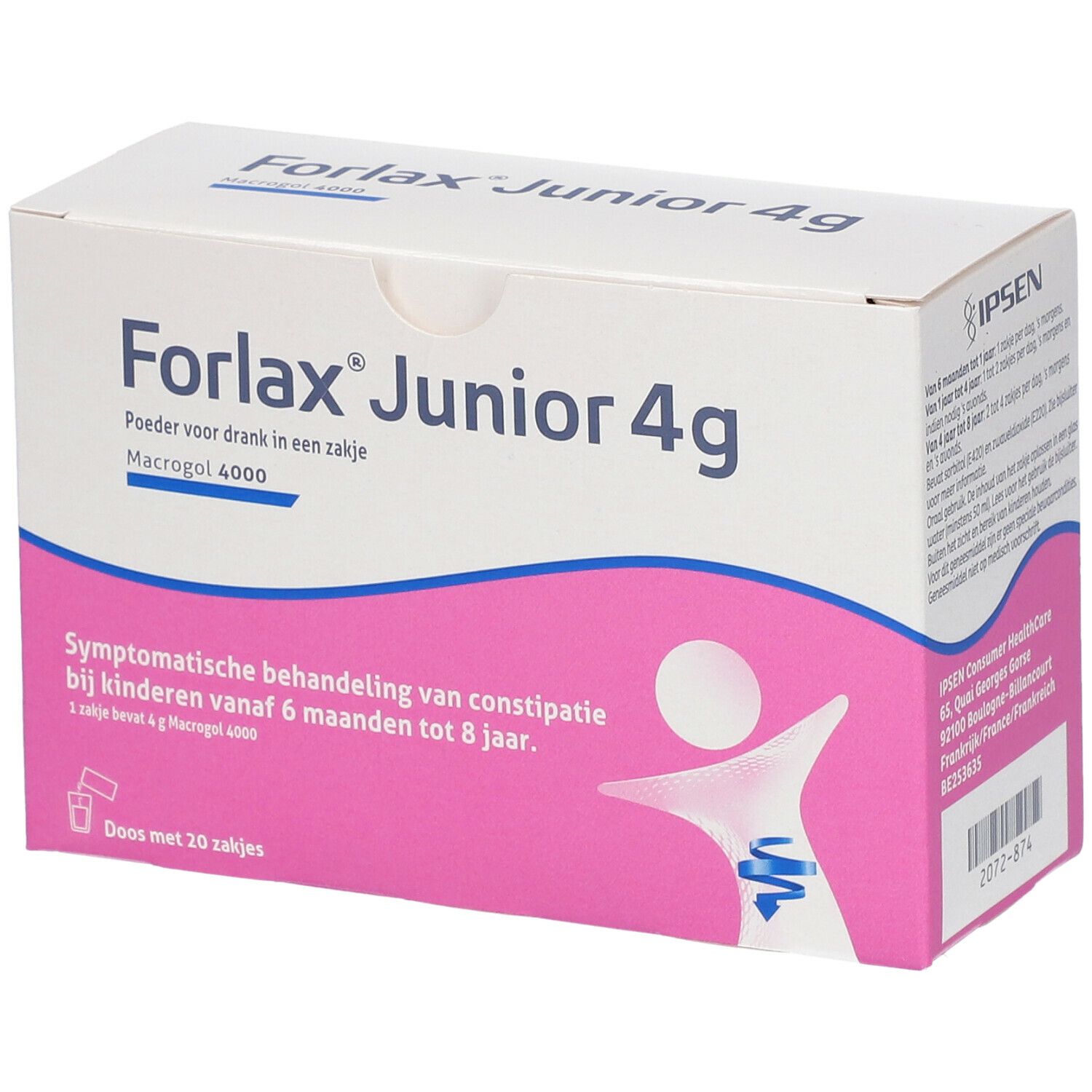 Doos Forlax Junior 4g. Roze-witte verpakking met productnaam en logo. Bevat 20 zakjes.