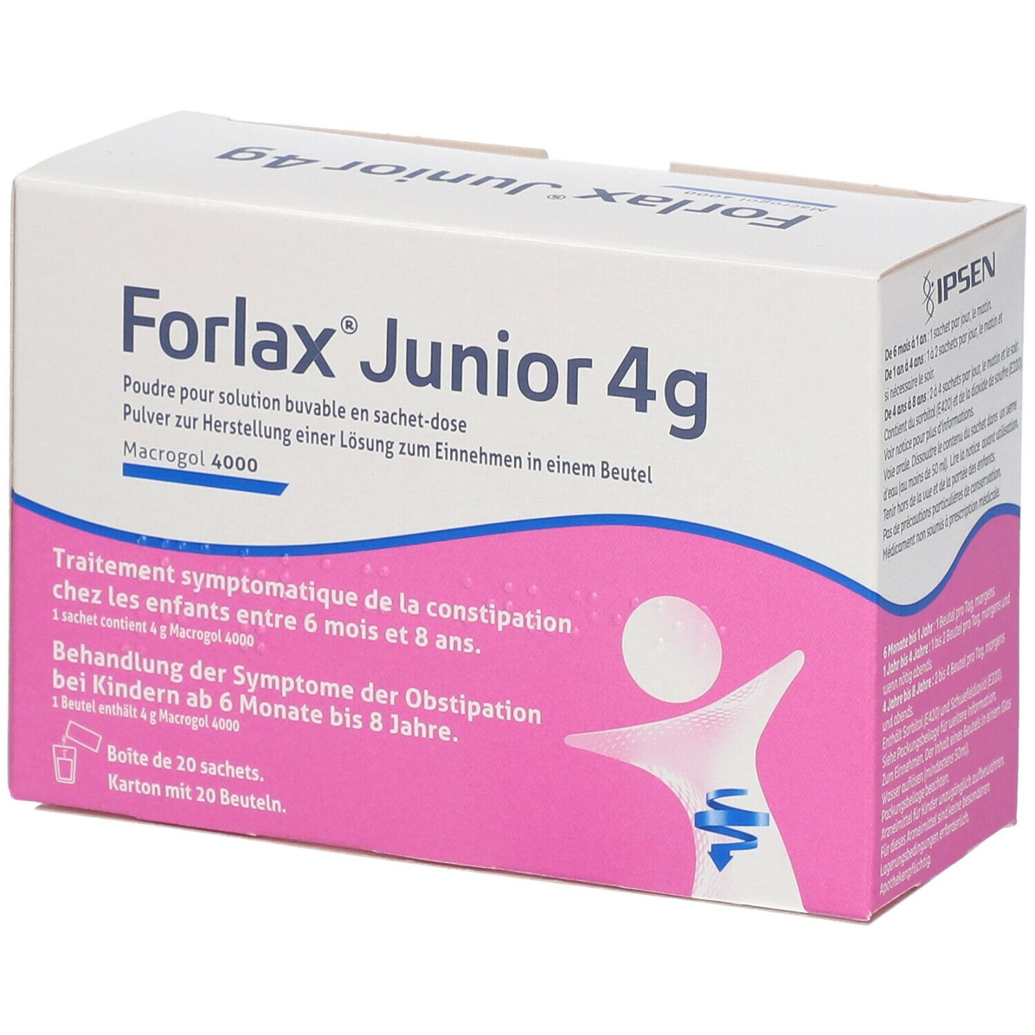 Forlax Junior 4g doos. Tekst in het Duits, Frans, Nederlands. Bevat 20 zakjes. Merk IPSEN.