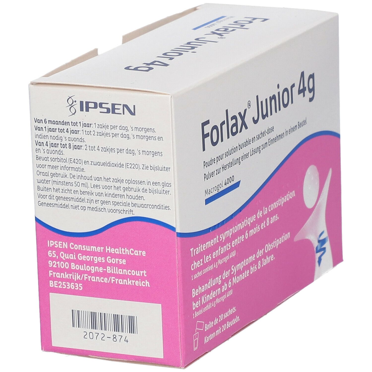 Forlax Junior 4g doos, detailweergave. Tekst in het Duits, Frans, Nederlands. Merk IPSEN.