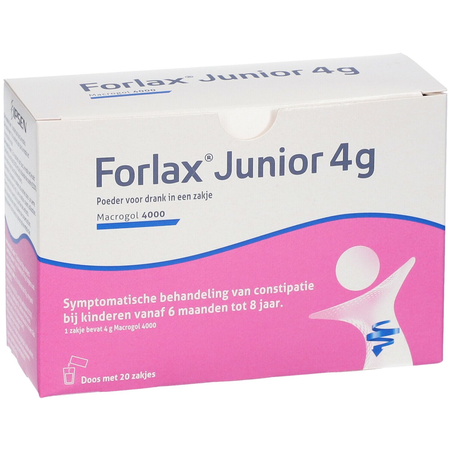 Doos Forlax Junior 4g. Roze-witte verpakking met productnaam en logo. Bevat 20 zakjes.