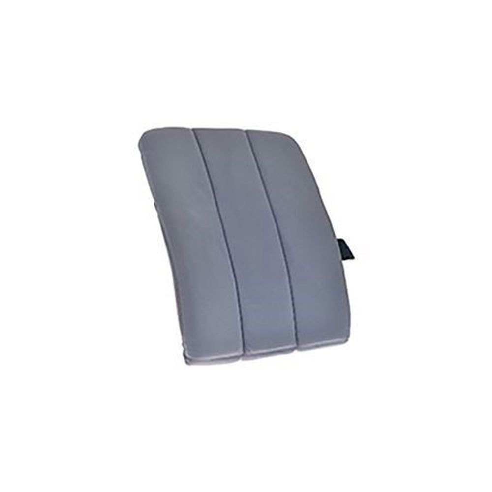 Grijs, gewatteerd lendenkussen met drie verticale groeven. Zwart bevestigingselement aan de zijkant.