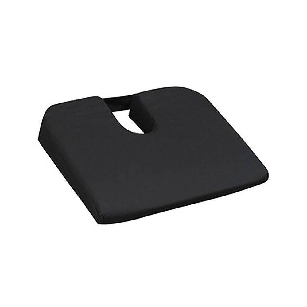 Coussin de siège noir carré avec découpe et poignée. Vue de dessus.