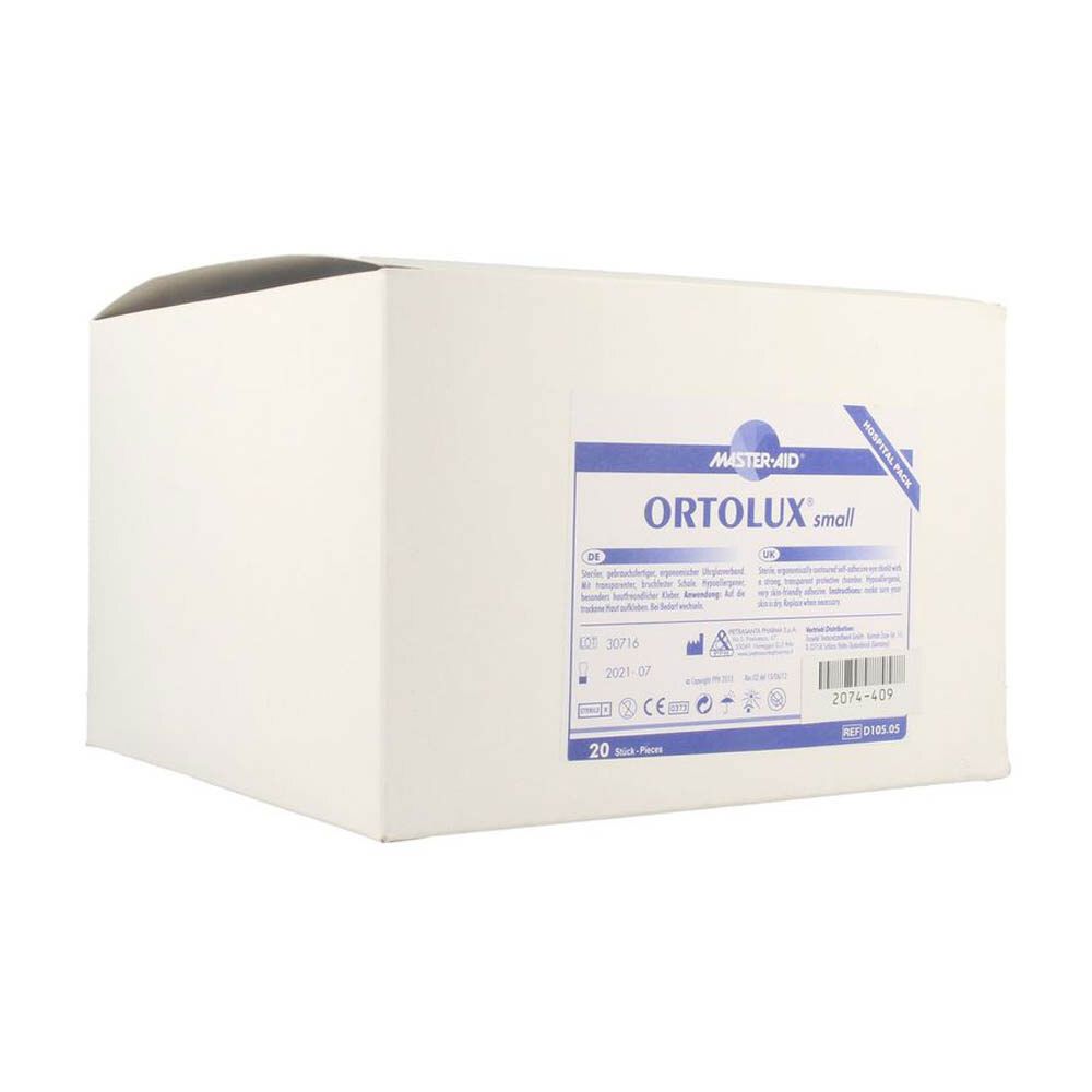 Witte doos met blauwe tekst. Opschrift: ORTOLUX small. Bevat 20 stuks. Merk: MASTER-AID.