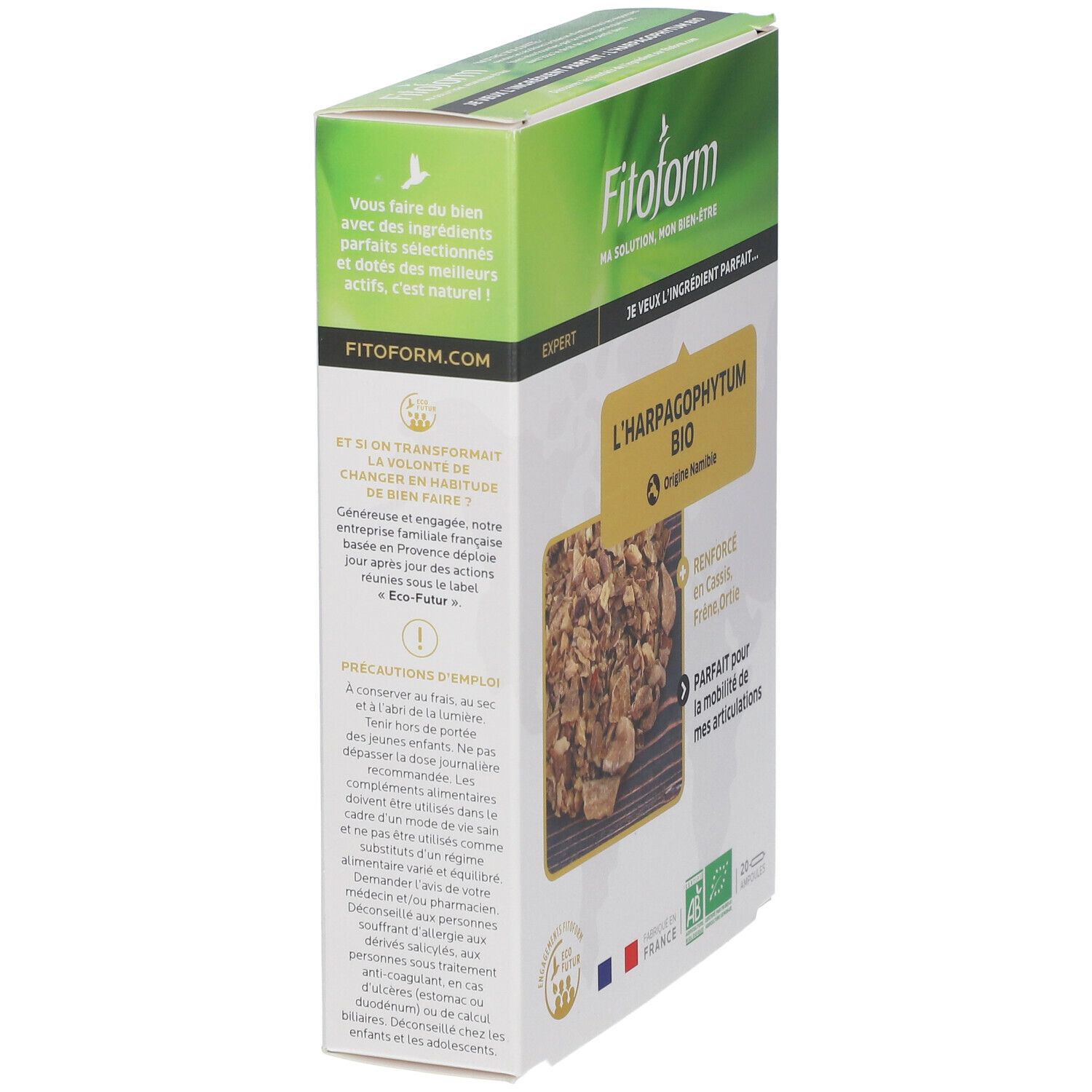 Emballage du produit Fitoform. Inscription : L'Harpagophytum BIO. Vue latérale. Boîte verte et blanche avec texte et logo.