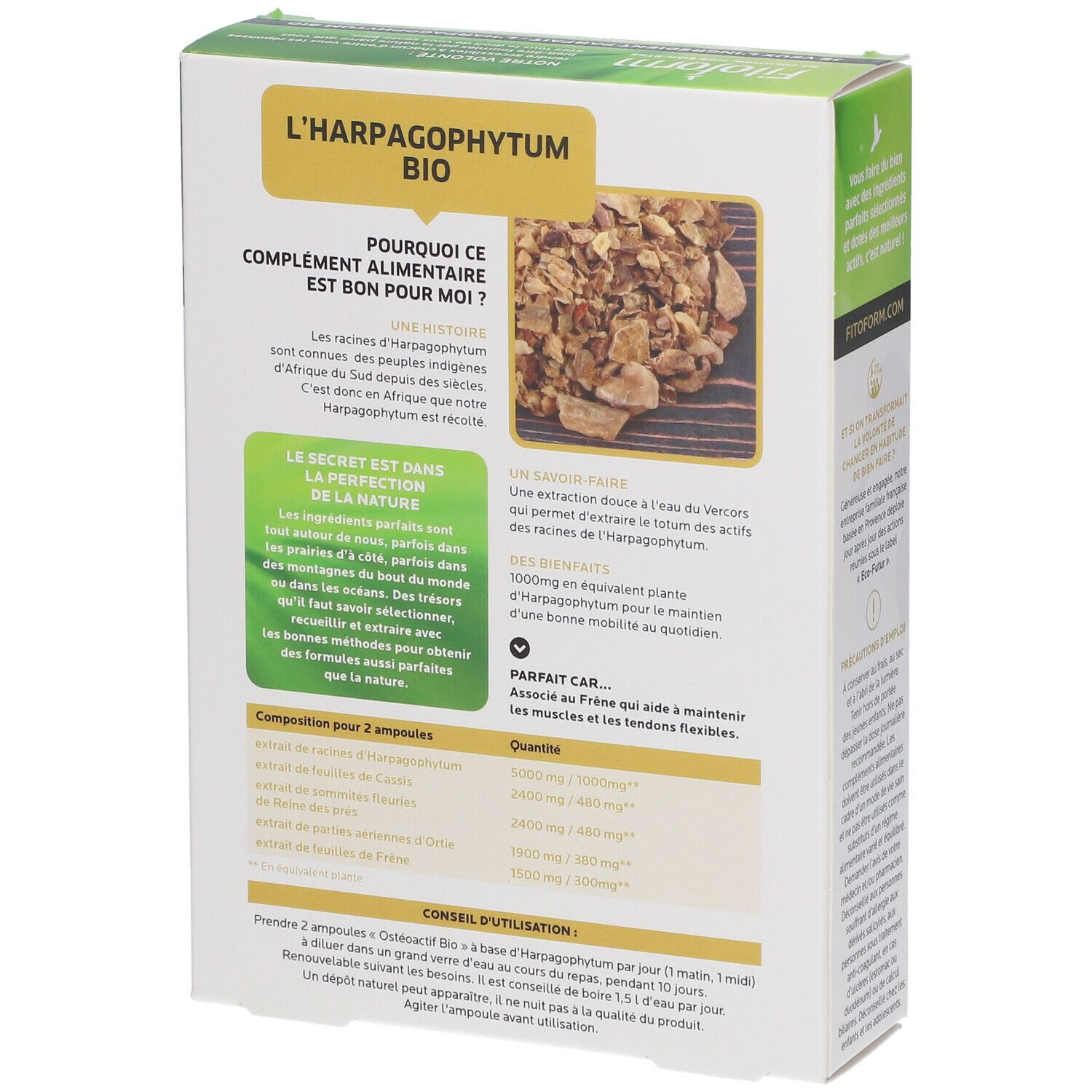 Dos de l'emballage du produit Fitoform. Inscription : L'Harpagophytum BIO. Texte sur les ingrédients et l'utilisation.