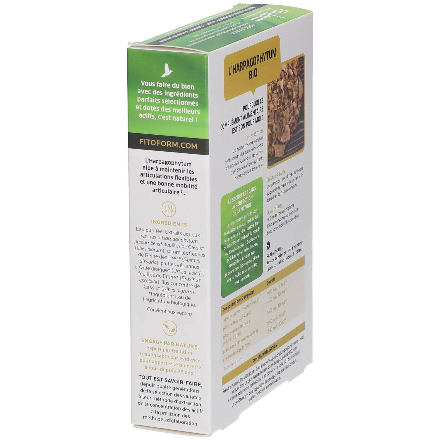 Emballage du produit Fitoform. Inscription : L'Harpagophytum BIO. Vue latérale. Texte sur les ingrédients et l'utilisation.