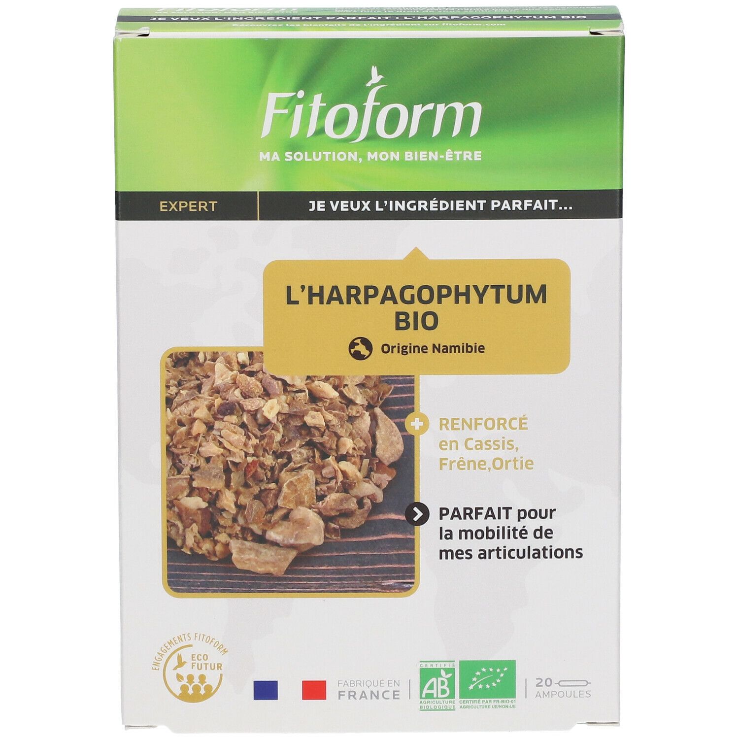Boîte de produit Fitoform. Inscription : L'Harpagophytum BIO, Origine Namibie. Contient 20 gélules.