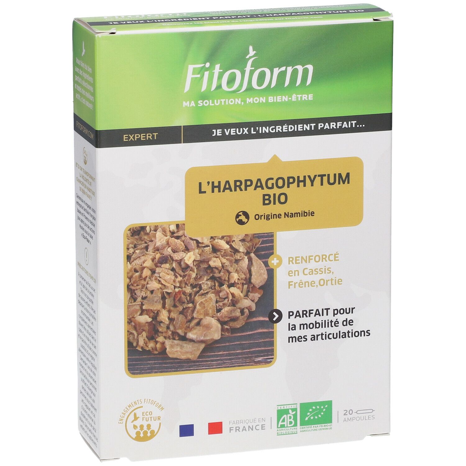 Boîte de produit Fitoform. Inscription : L'Harpagophytum BIO, Origine Namibie. Contient 20 gélules.