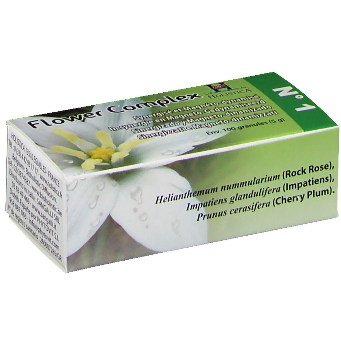 Boîte en carton avec nom du produit et ingrédients. Couleurs vert et blanc. Contient 100 granules.