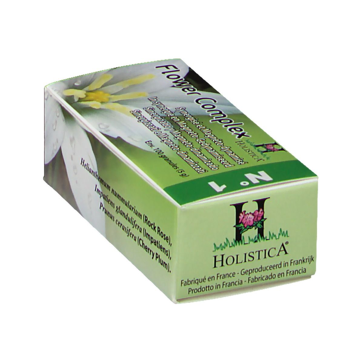 Boîte en carton en biais. Nom du produit et logo visibles. Couleurs vert et blanc. Contient 100 granules.
