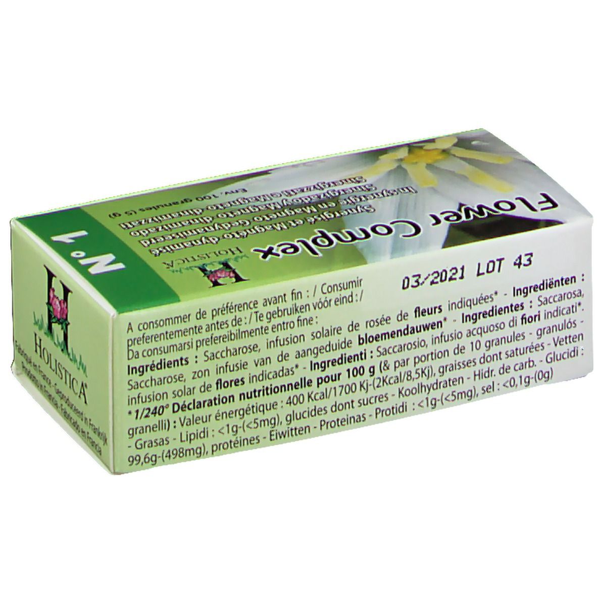 Boîte en carton avec informations sur le produit. Couleurs vert et blanc. Contient 100 granules. Date de péremption.