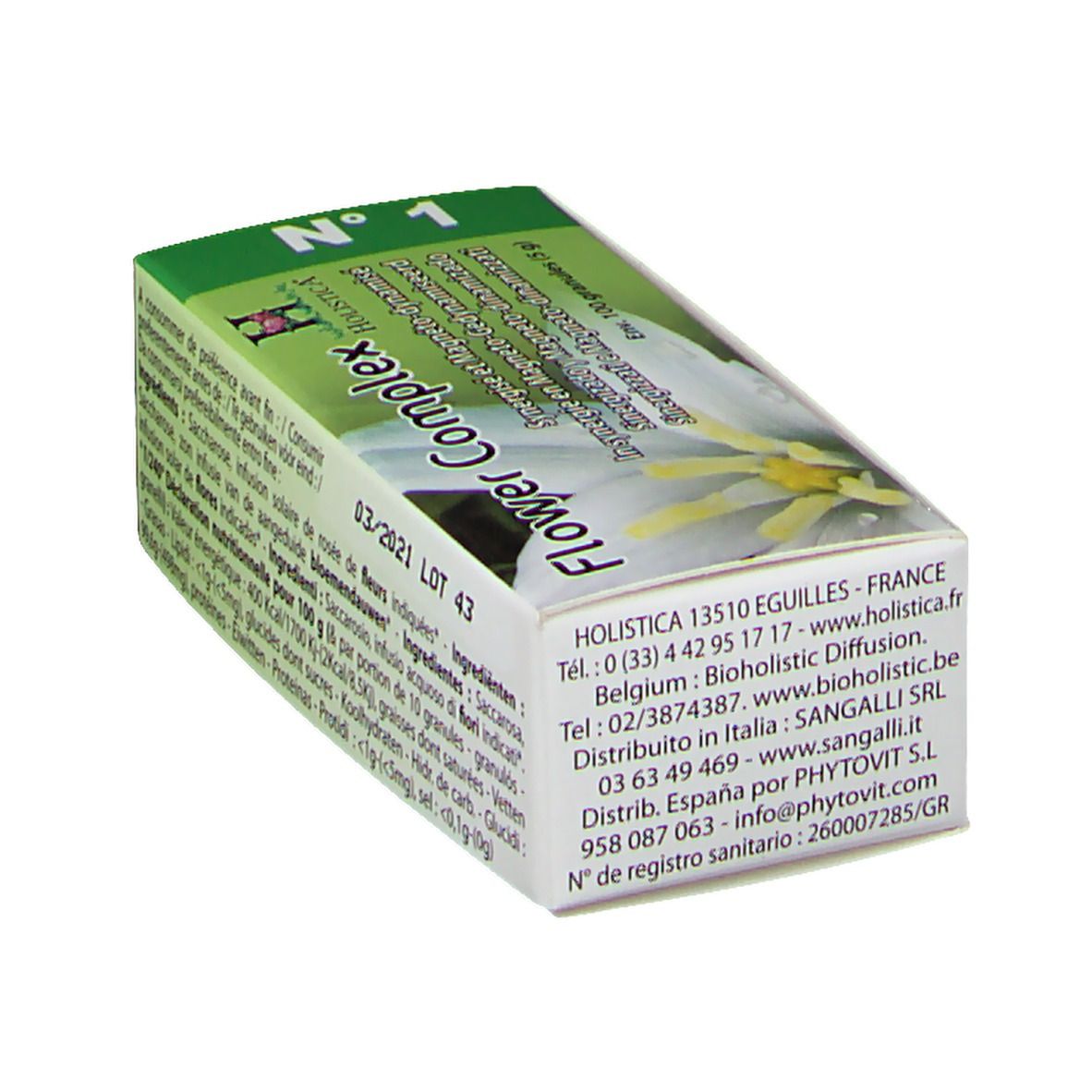 Boîte en carton avec informations sur le produit. Couleurs vert et blanc. Contient 100 granules. Adresse du fabricant.