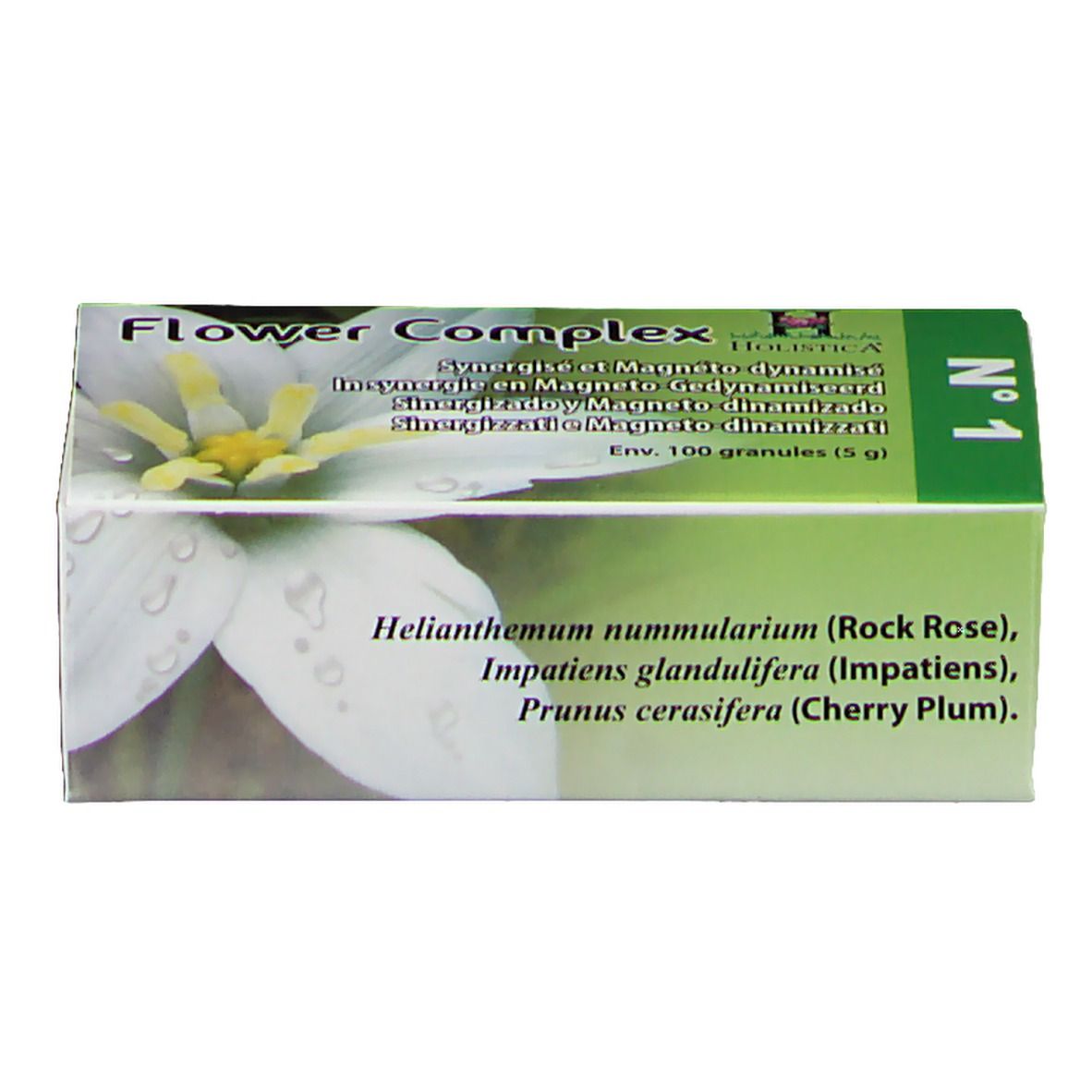 Boîte en carton avec nom du produit et ingrédients. Couleurs vert et blanc. Contient 100 granules.