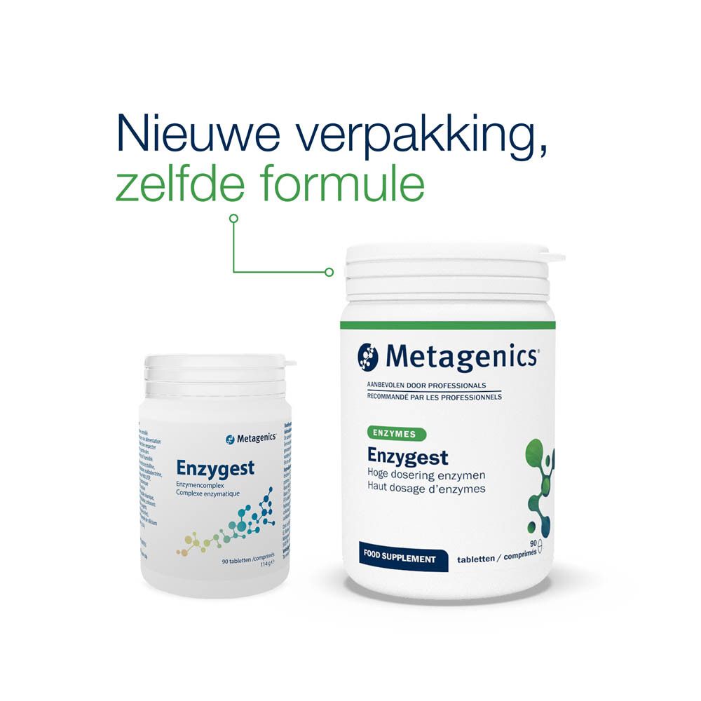 Witte pot Enzygest, enzymencomplex, 90 tabletten. Merk: Metagenics.