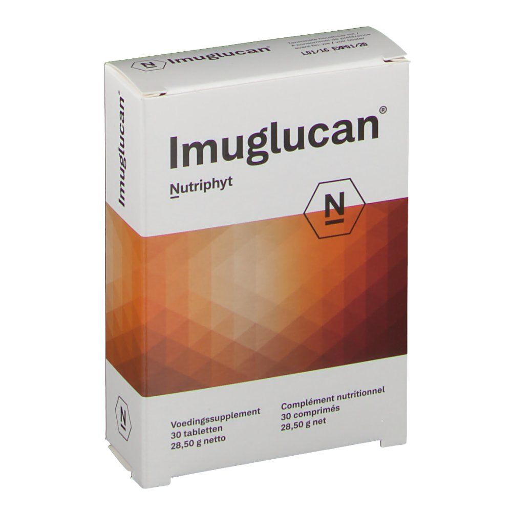 Boîte de Imuglucan. Inscription : Imuglucan, Nutriphyt. Contient 30 comprimés. Fond avec motif brun.