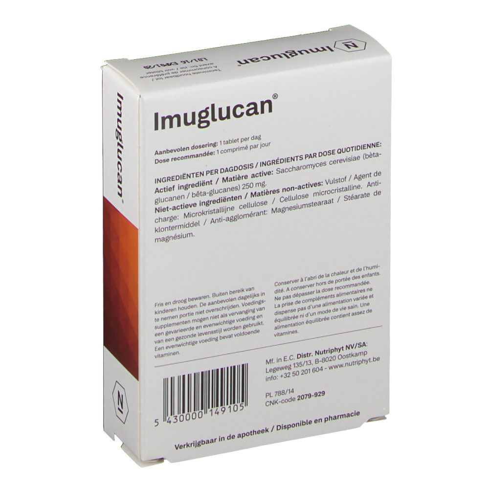 Dos de l'emballage Imuglucan. Contient des informations sur les ingrédients et le dosage. Code-barres visible.