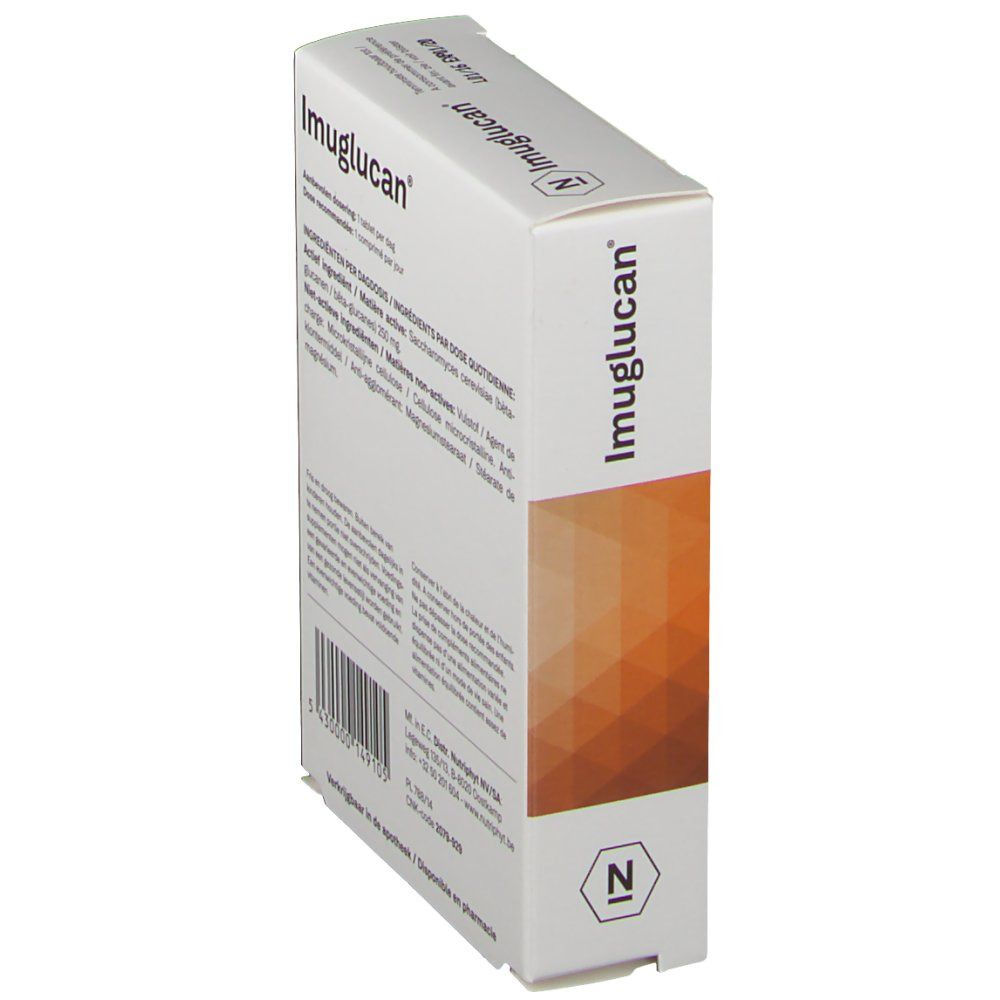 Vue oblique de l'emballage Imuglucan. Inscription : Imuglucan. Dos avec texte.