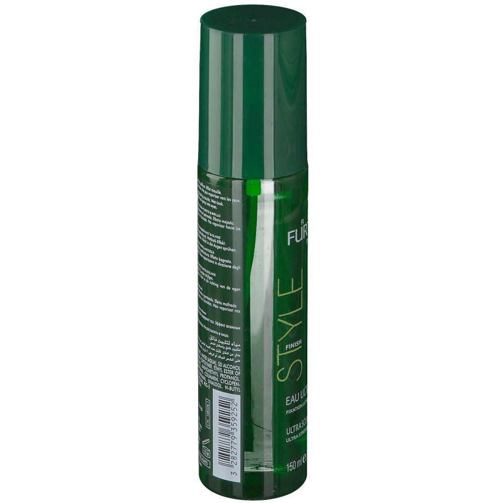 Dos du flacon spray vert. Texte multilingue. Code-barres. Avertissement: facilement inflammable.