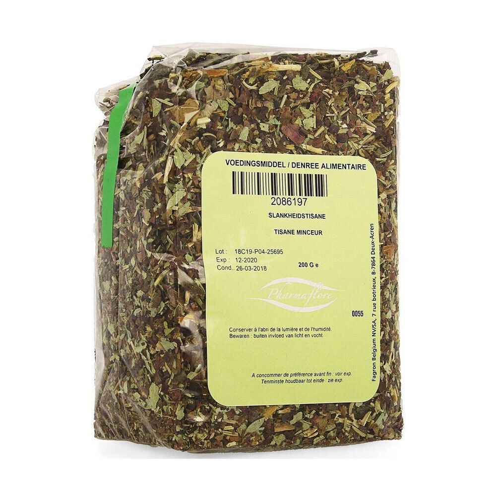 Verpakking Pharmaflore Tisane Minceur. Etiket met productinfo en lotnummer. Bevat 200g kruidenmengsel.