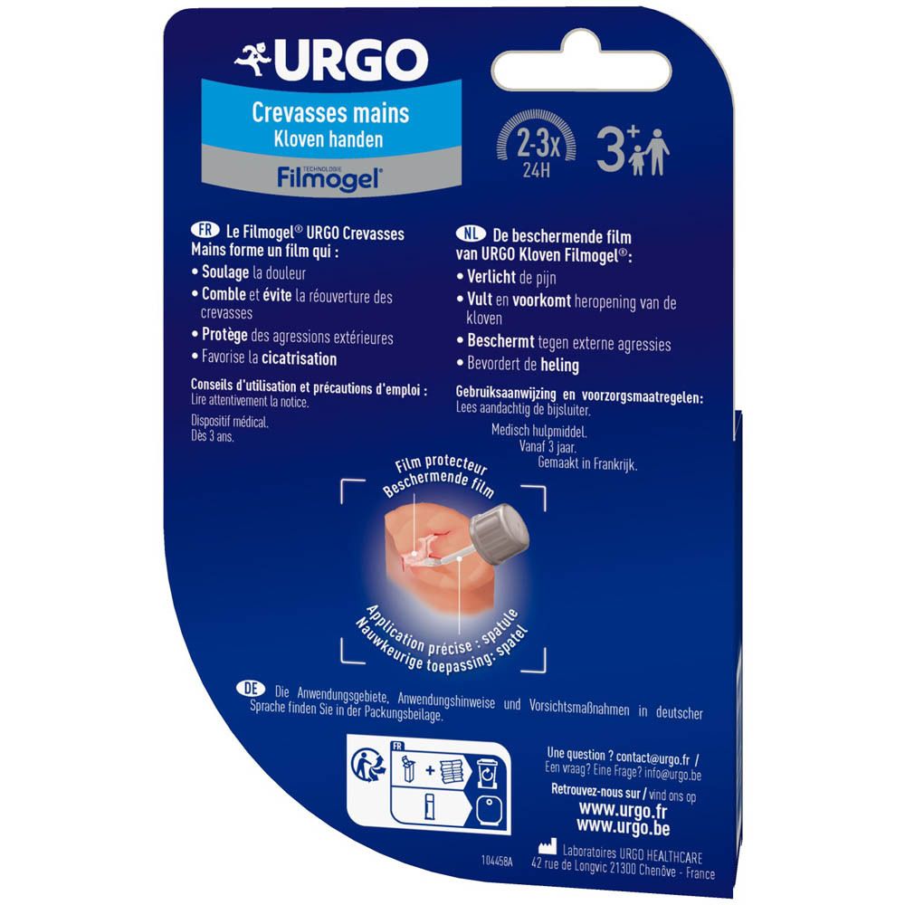 Achterkant van de verpakking. URGO, Filmogel, Crevasses mains. Tekst in het Frans en Nederlands. Illustratie.