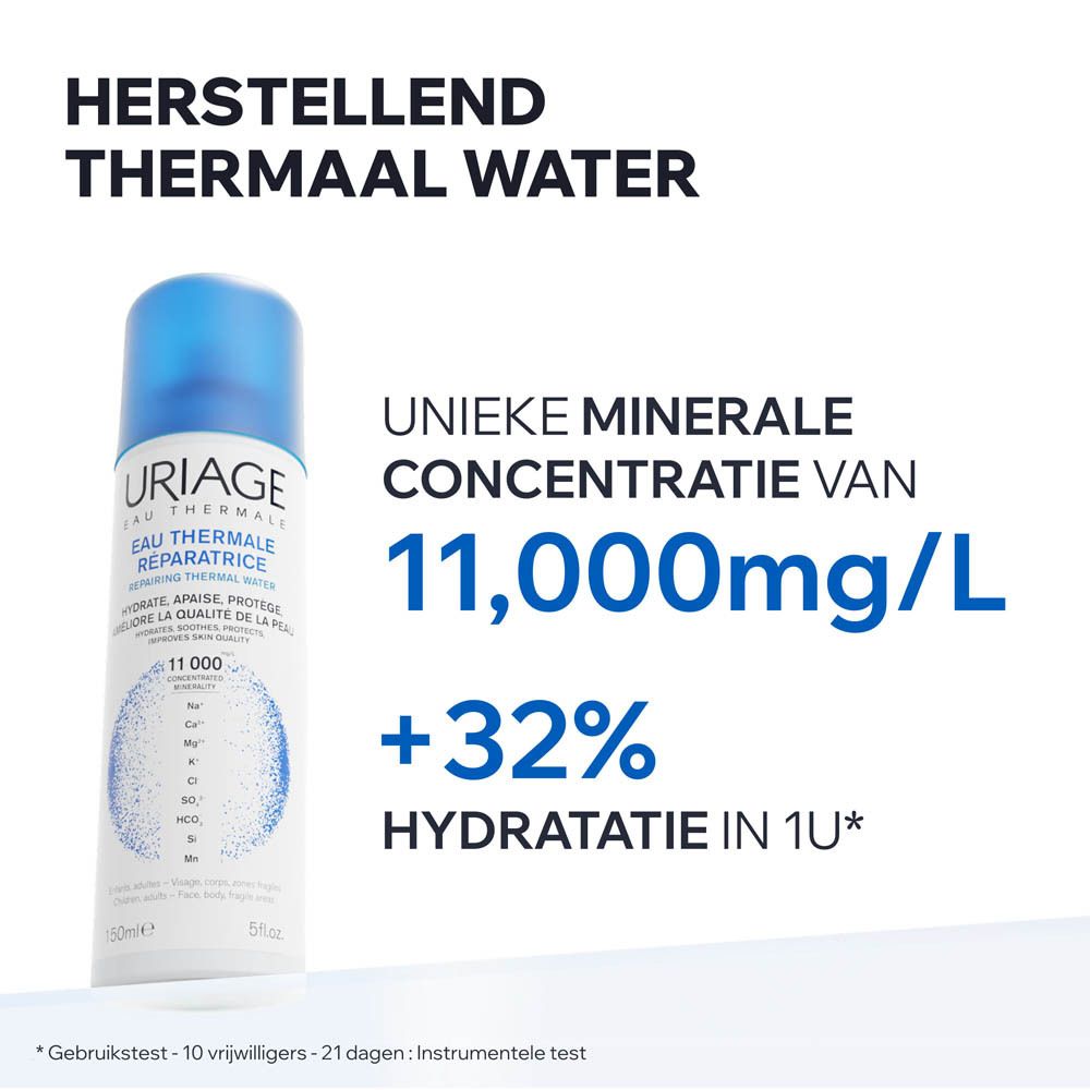 Uriage Eau Thermale Herstellende Spray, 300ml. Witte bus met blauwe dop, toont mineralen en tekst over 11.000 mg/L.