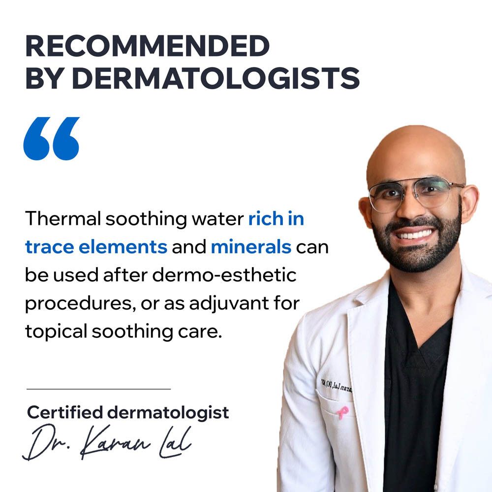 Een glimlachende dermatoloog, met citaat over kalmerend thermaal water voor huidverzorging.