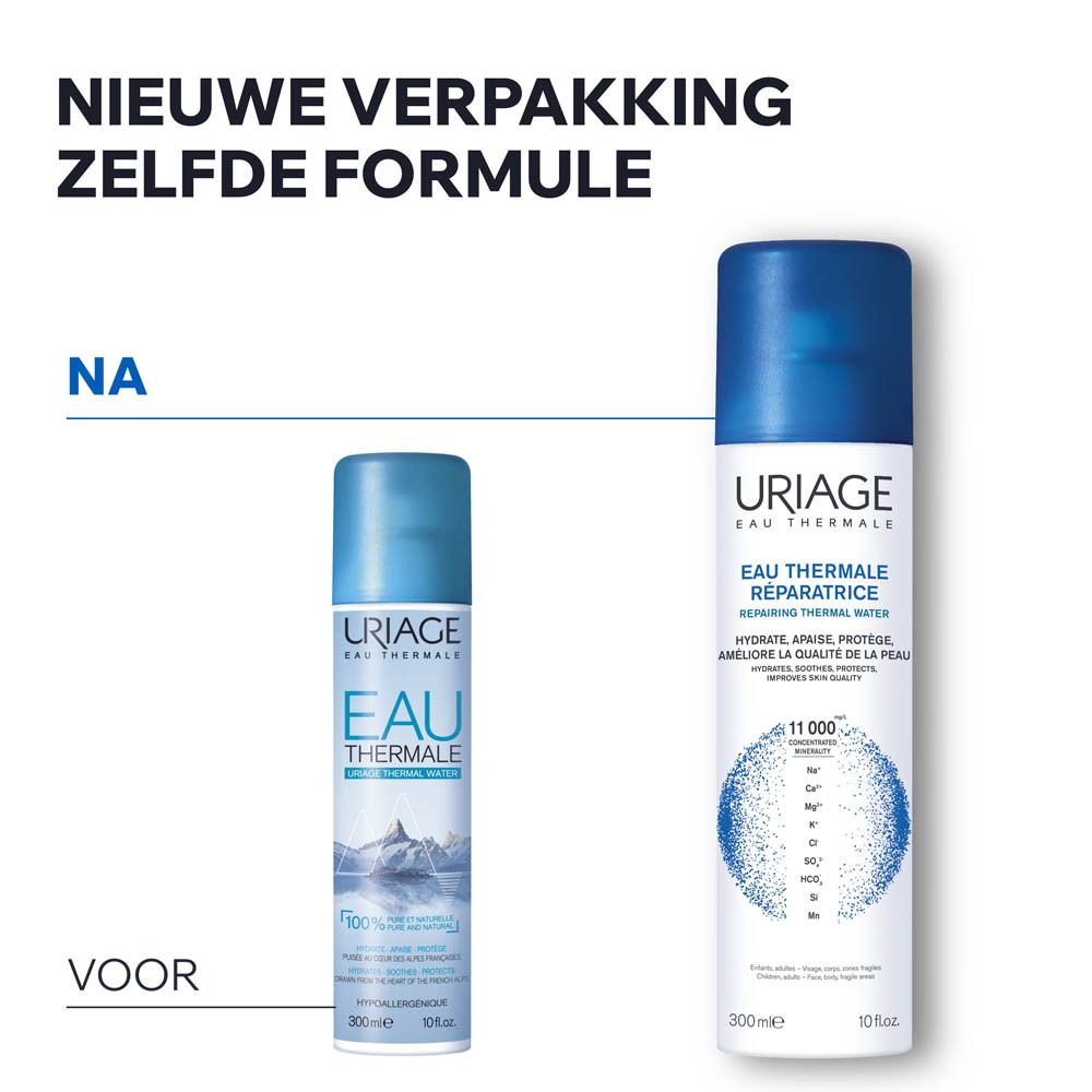 Twee Uriage Eau Thermale Herstellende Sprays in verschillende maten. De grotere spray is wit met een blauwe dop en toont mineralen.