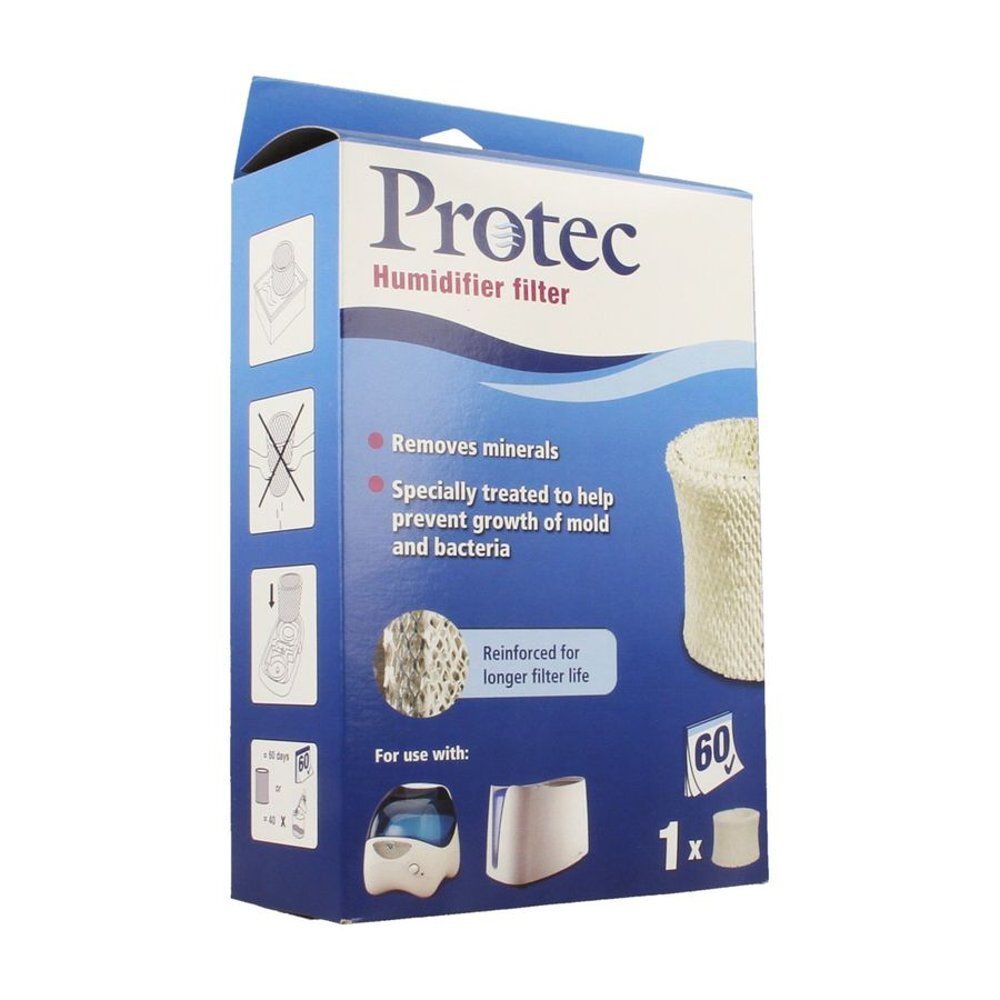 Filtre pour humidificateur. Emballage avec image du produit et informations. Contient un filtre.