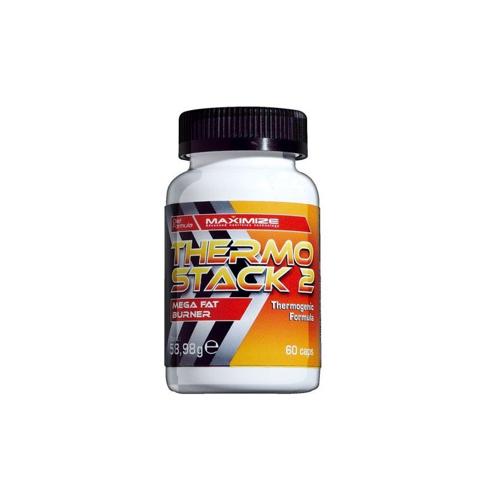 Flacon blanc avec bouchon noir. Inscription: Thermo Stack 2, Mega Fat Burner. Contient 60 capsules.
