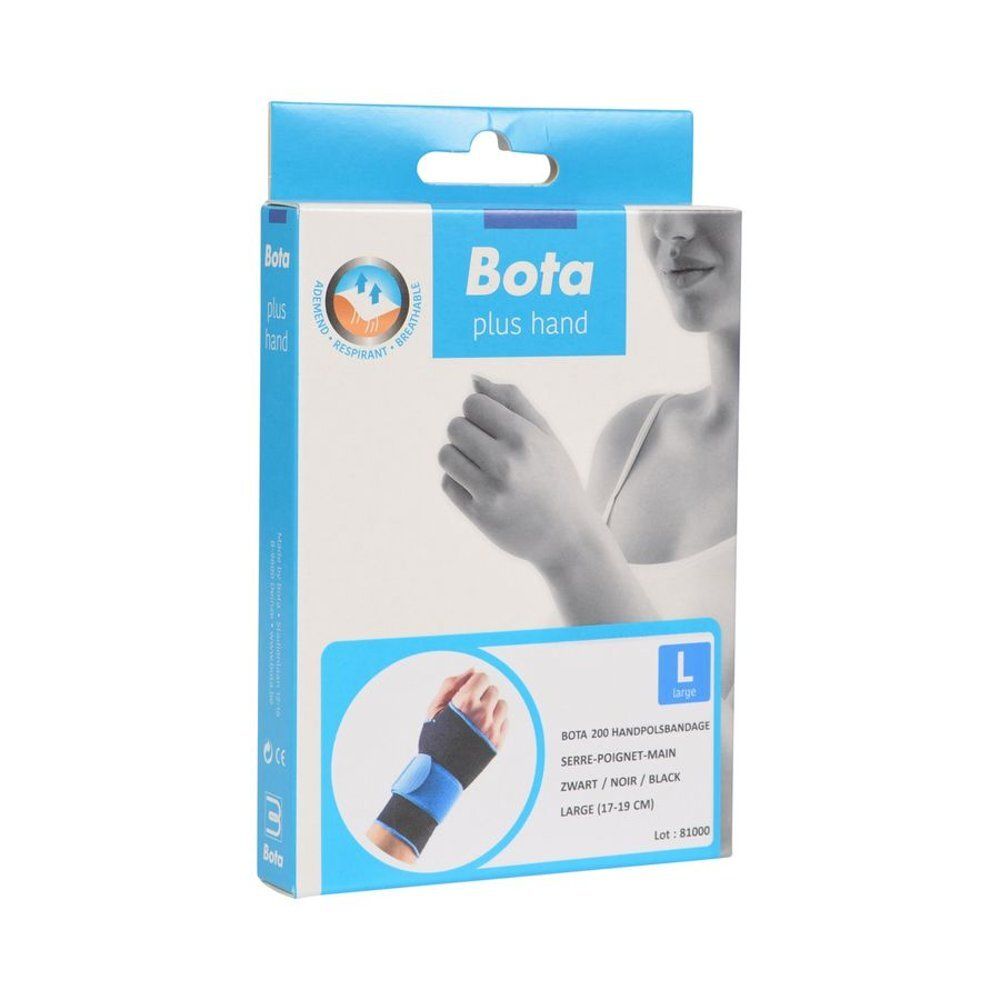 Verpakking van de Bota polsband. Opschrift: Bota plus hand, L, ademend. Productafbeelding: polsband zwart/blauw.