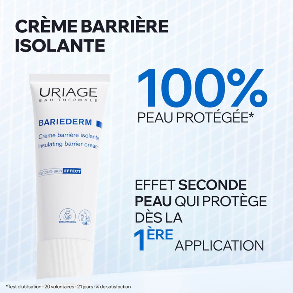 Uriage Bariederm crème barrière isolante en tube blanc à bouchon bleu. Texte : 100% peau protégée.